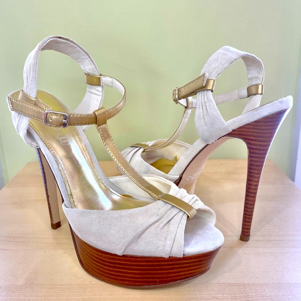 ALDO Platform Suede T-Strap Heels Gold Cream 40